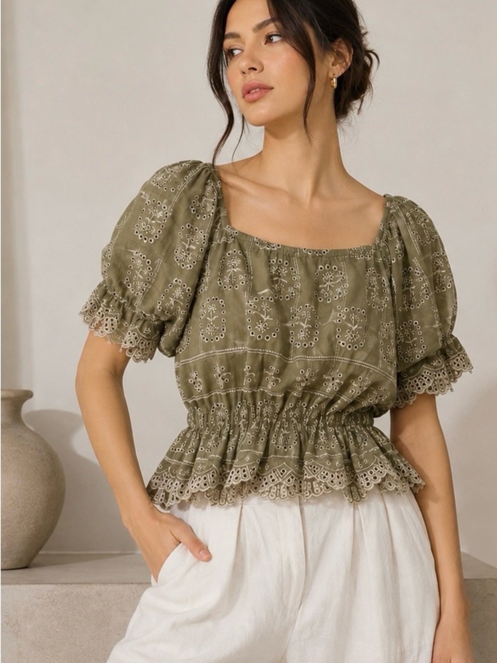 Liv Los Angeles Sage Green Eyelet Boho Peasant Top XL